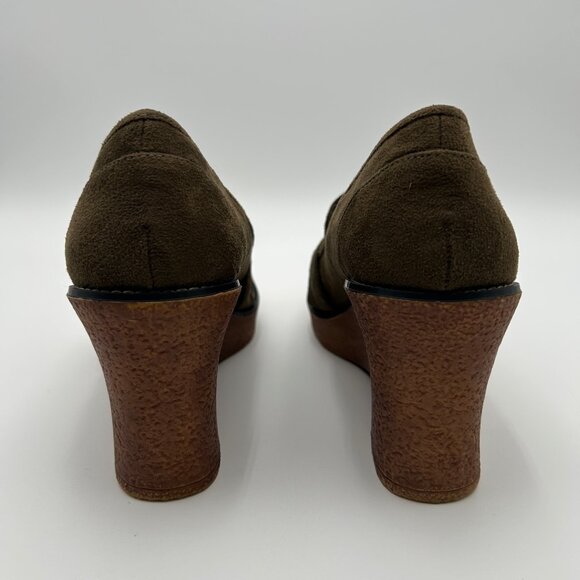 LOWER EAST SIDE VTG Olive Green Suede Wedge Platform Buckle Retro Style Size 9 - Picture 5 of 13